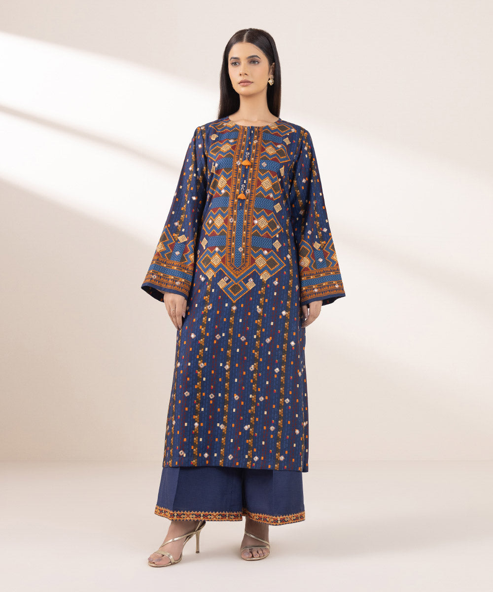 Women's Pret Dull Raw Silk Embroidered Blue A-Line Shirt