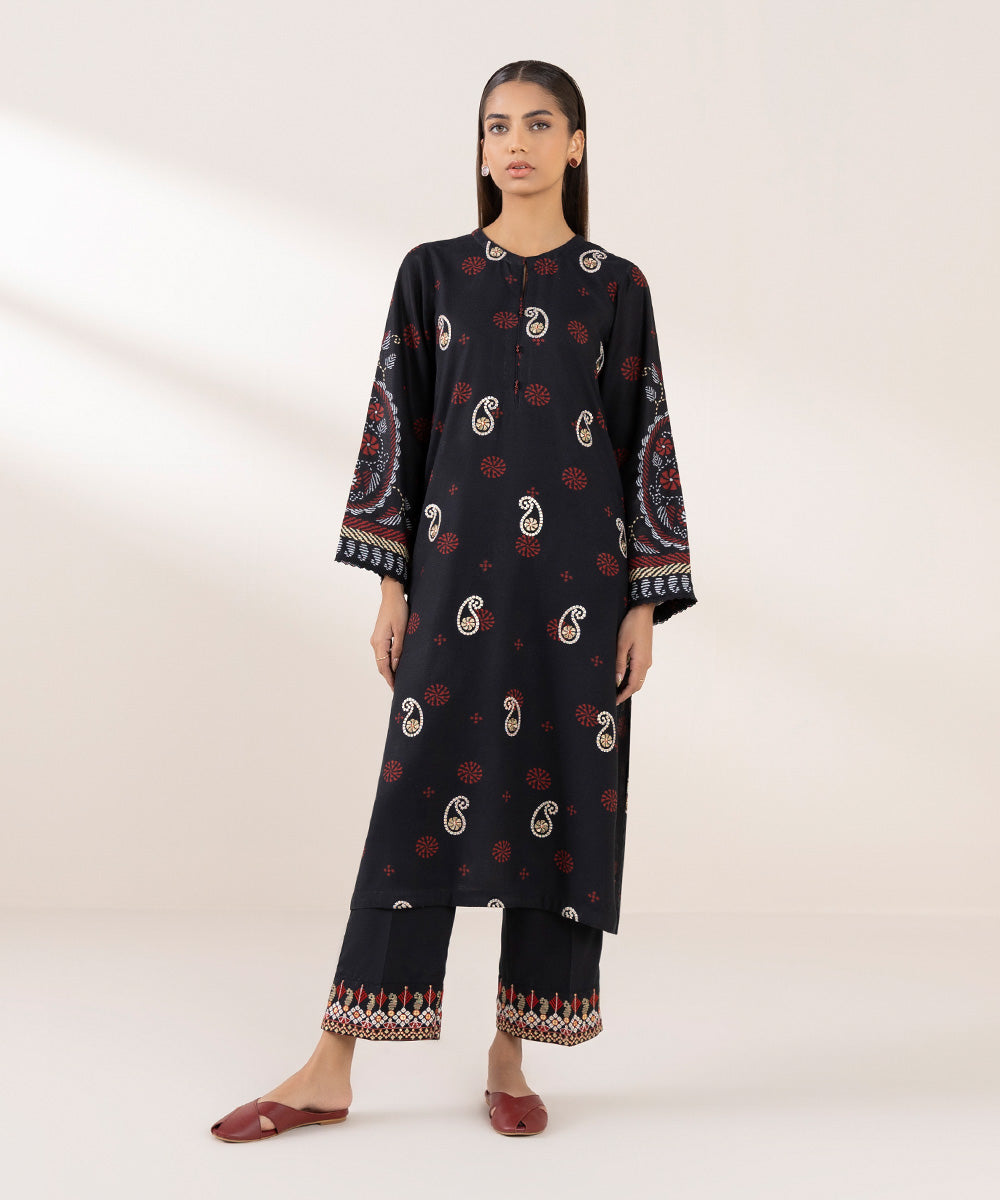 Women's Pret Dull Raw Silk Embroidered Black Straight Shirt