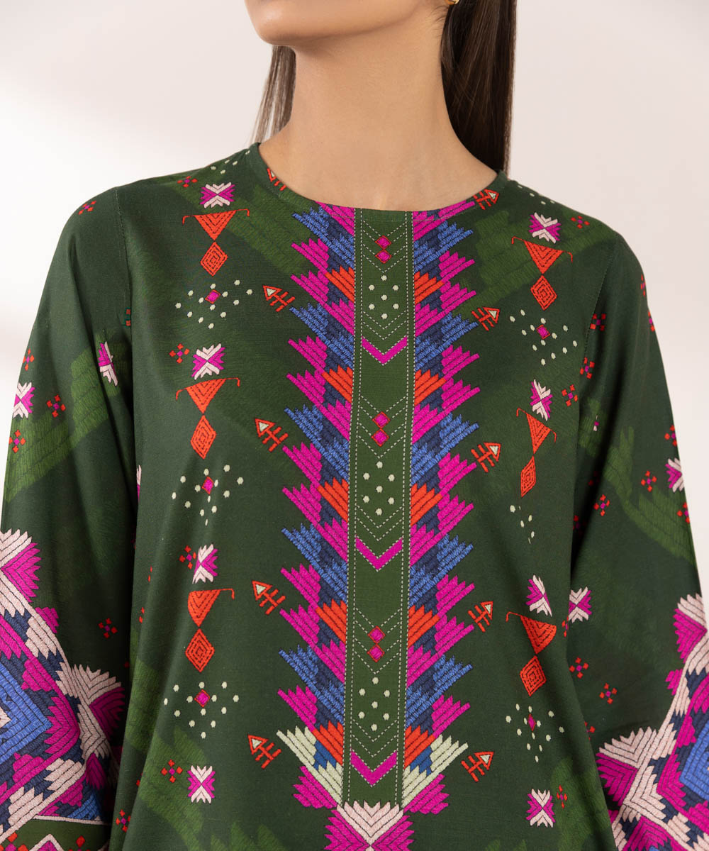 Women's Pret Dull Raw Silk Embroidered Green A-Line Shirt