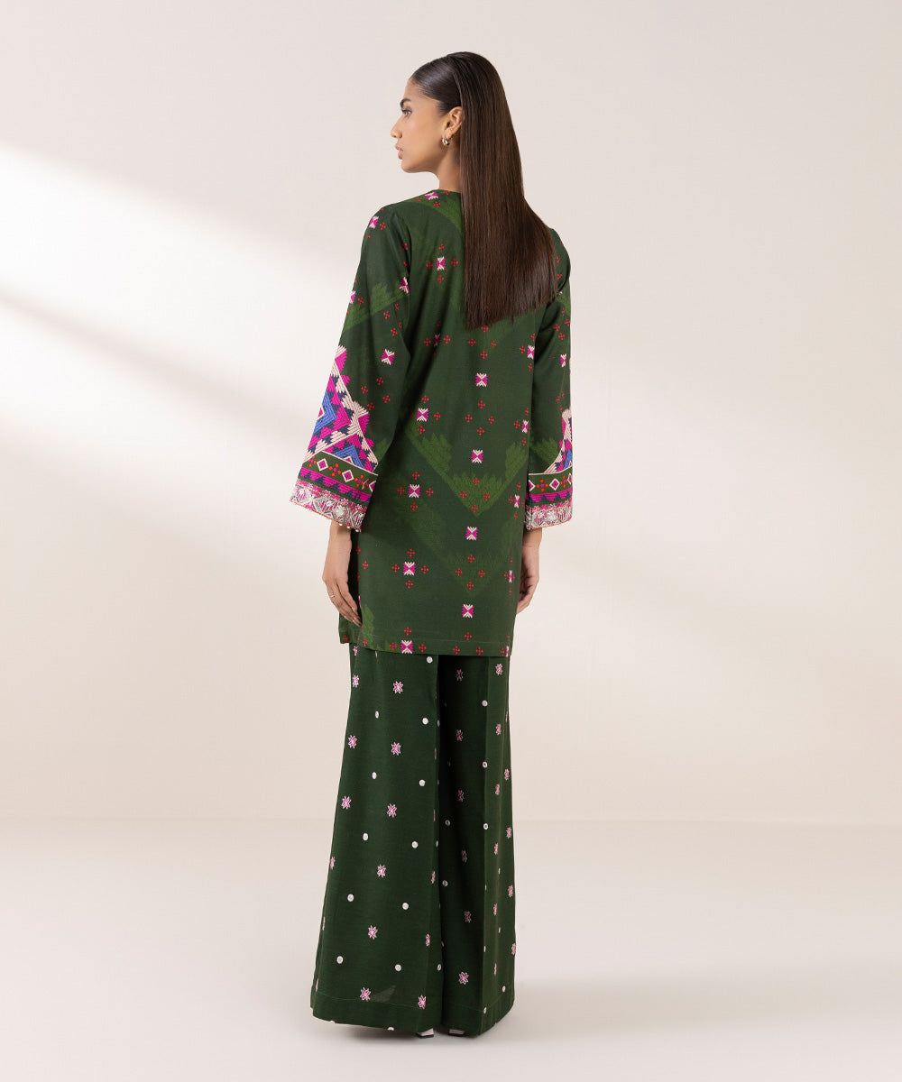 Women's Pret Dull Raw Silk Embroidered Green A-Line Shirt