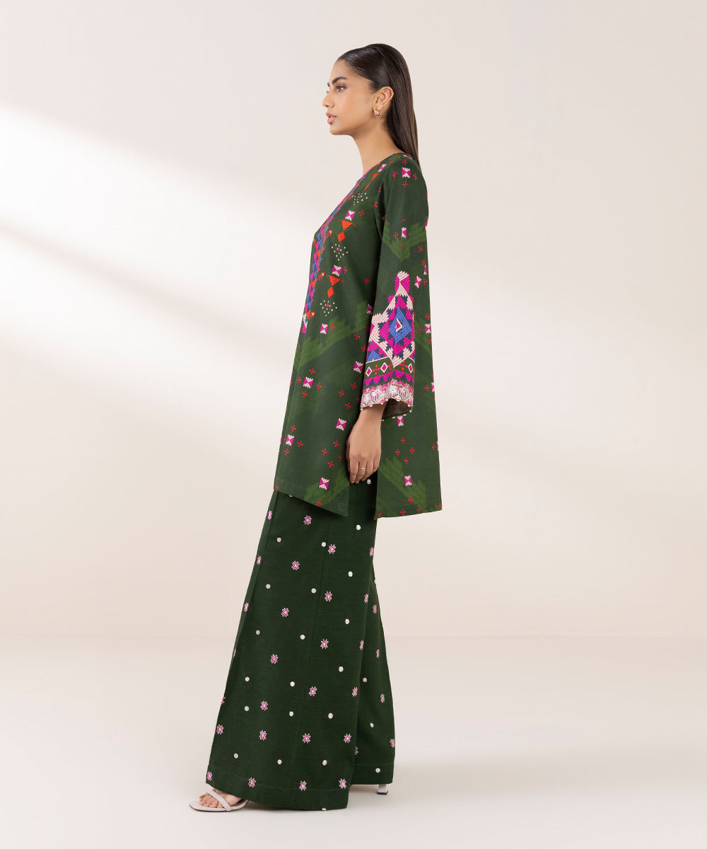 Women's Pret Dull Raw Silk Embroidered Green A-Line Shirt