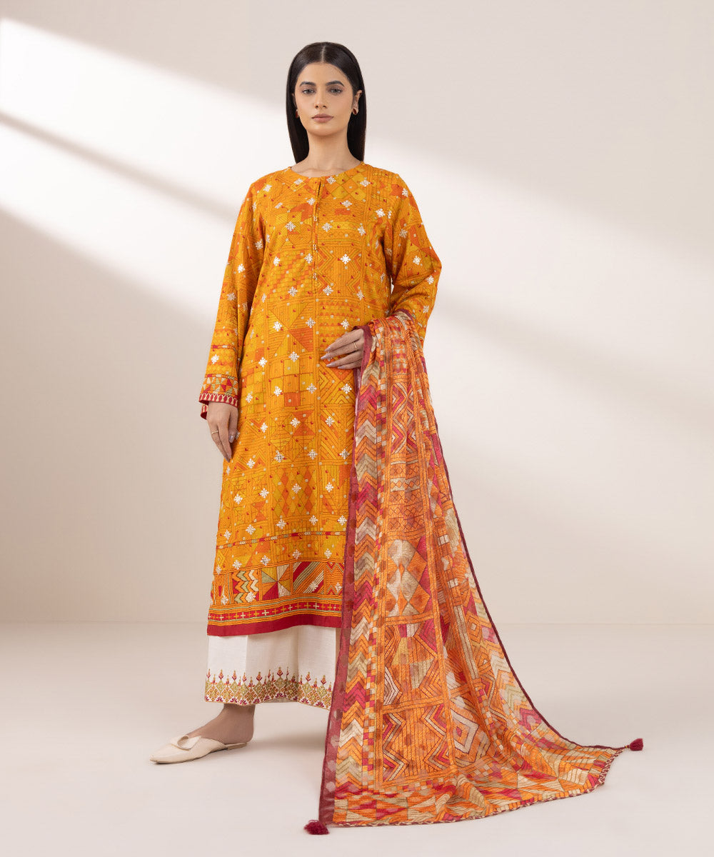 Women's Pret Dull Raw Silk Embroidered Orange A-Line Shirt