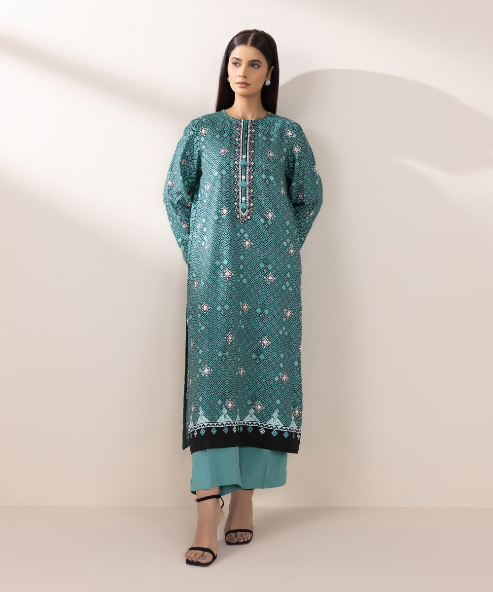 Women's Pret Dull Raw Silk Embroidered Blue A-Line Shirt