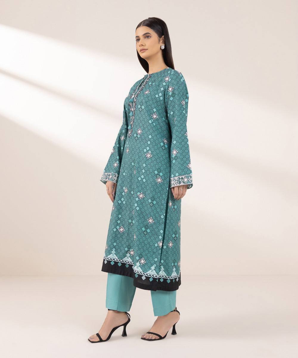 Women's Pret Dull Raw Silk Embroidered Blue A-Line Shirt