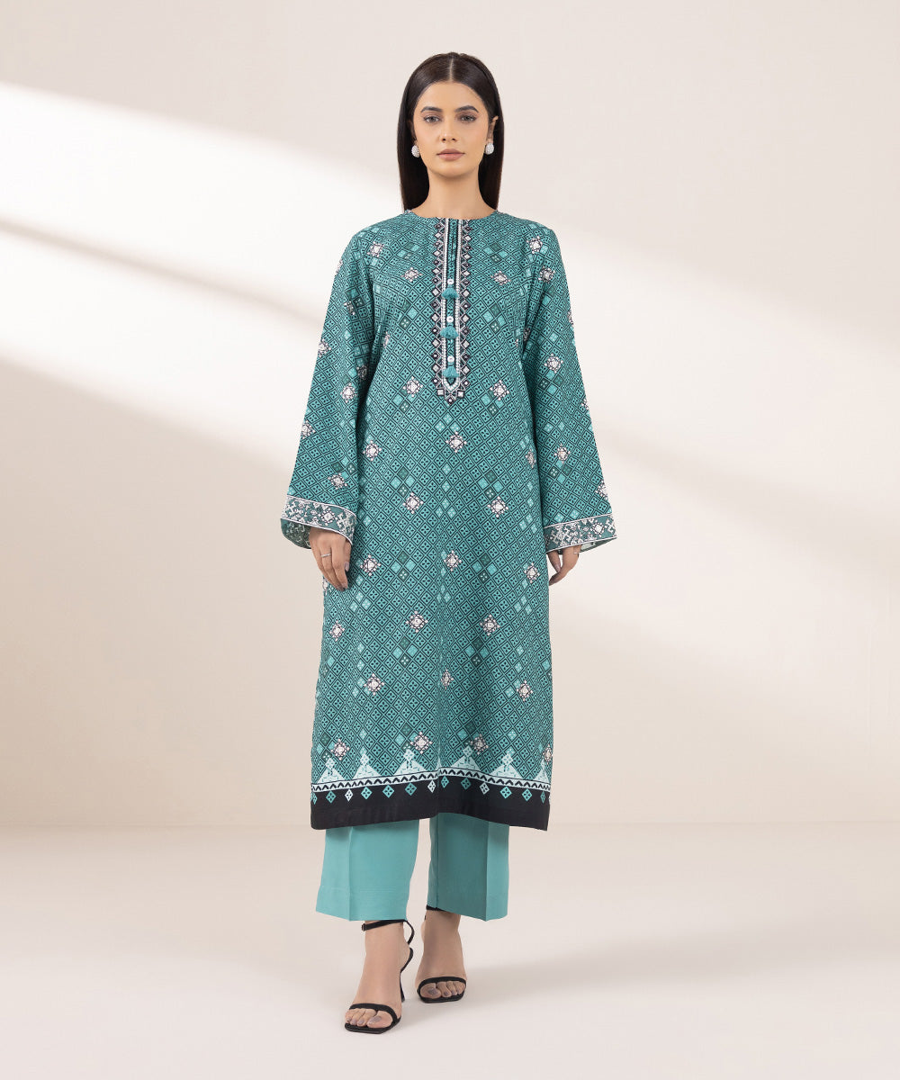 Women's Pret Dull Raw Silk Embroidered Blue A-Line Shirt