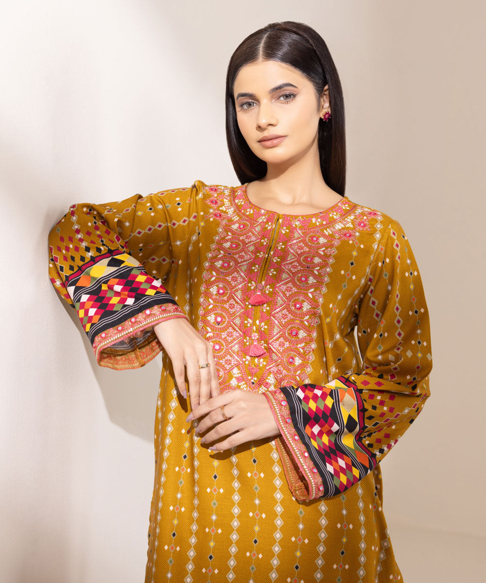 Women's Pret Dull Raw Silk Embroidered Multi A-Line Shirt