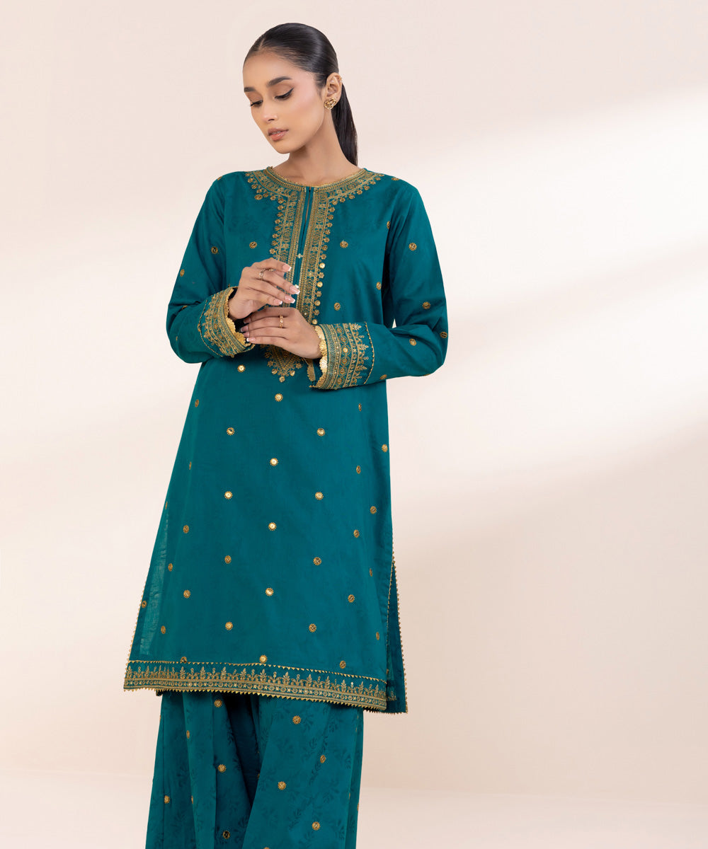 Women's Pret Cotton Jacquard Blue Embroidered A-Line Shirt