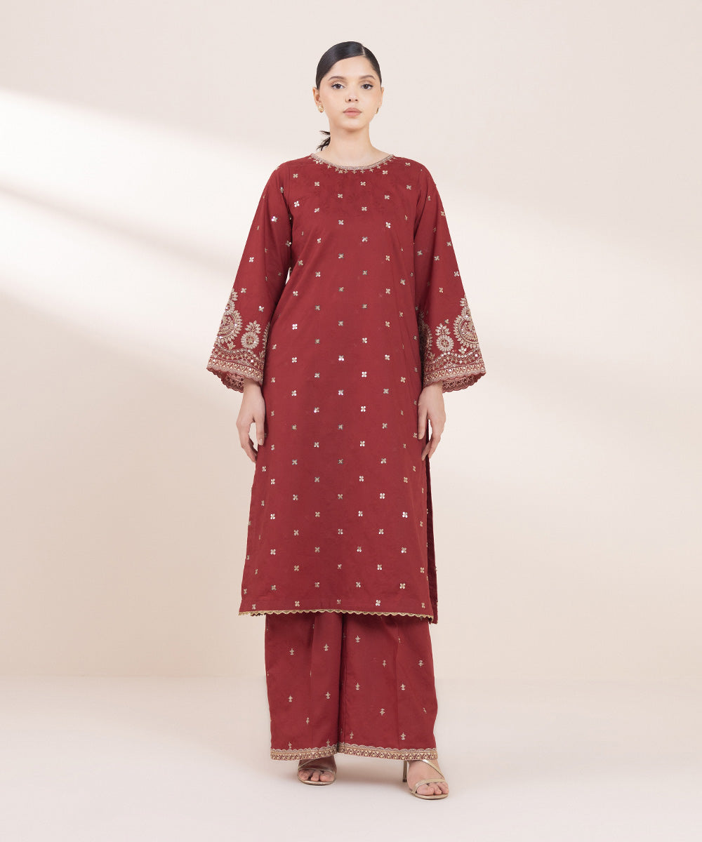 Women's Pret Cotton Jacquard Red Embroidered A-Line Shirt