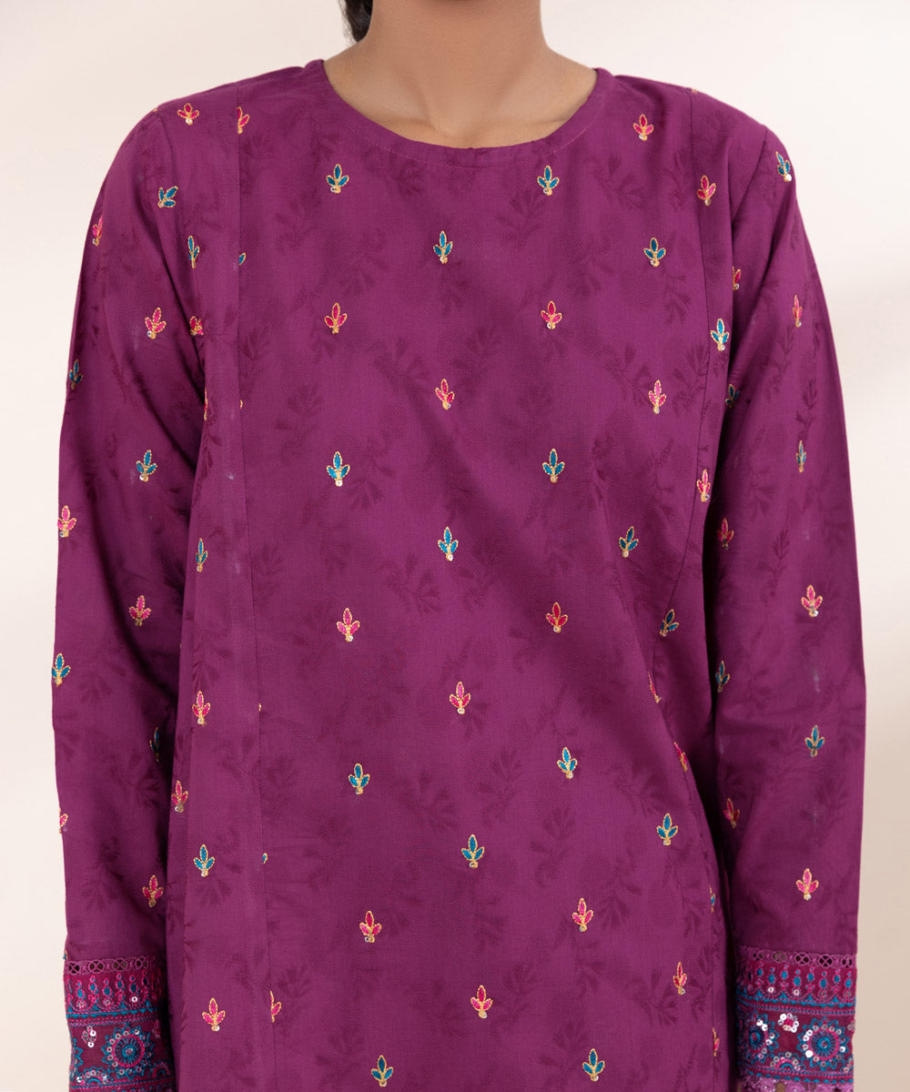 Women's Pret Cotton Jacquard Purple Embroidered A-Line Shirt