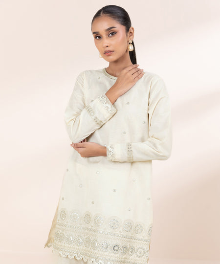 Women's Pret Cotton Jacquard Off White Embroidered A-Line Shirt