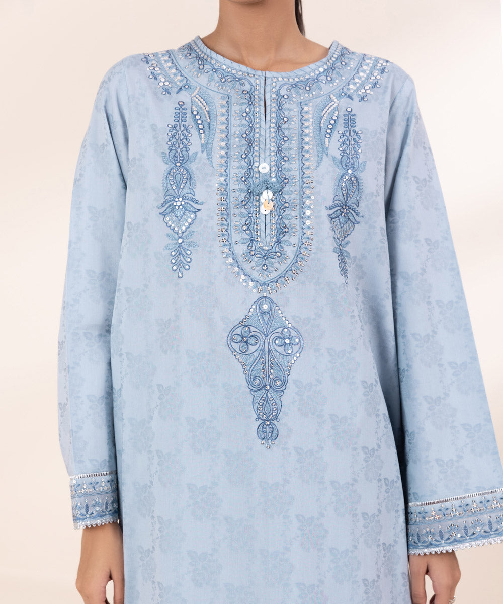 Women's Pret Cotton Jacquard Blue Embroidered A-Line Shirt