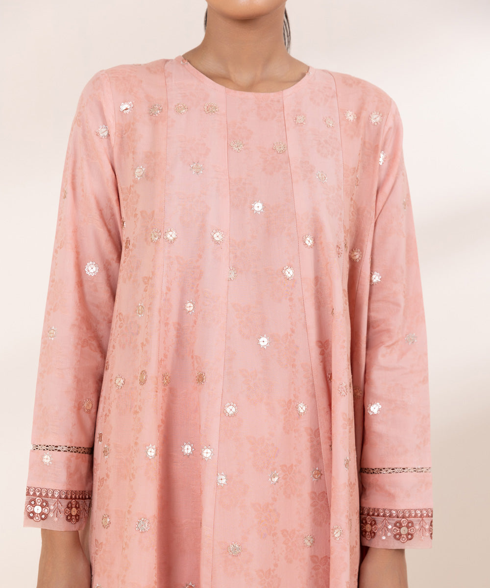 Women's Pret Cotton Jacquard Pink Embroidered A-Line Shirt