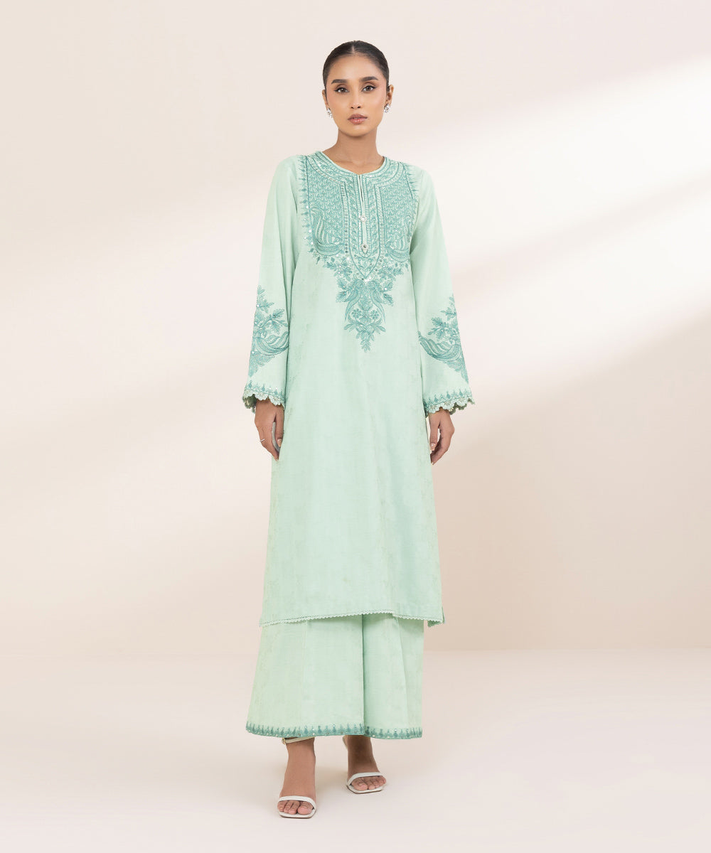 Women's Pret Cotton Jacquard Blue Embroidered A-Line Shirt