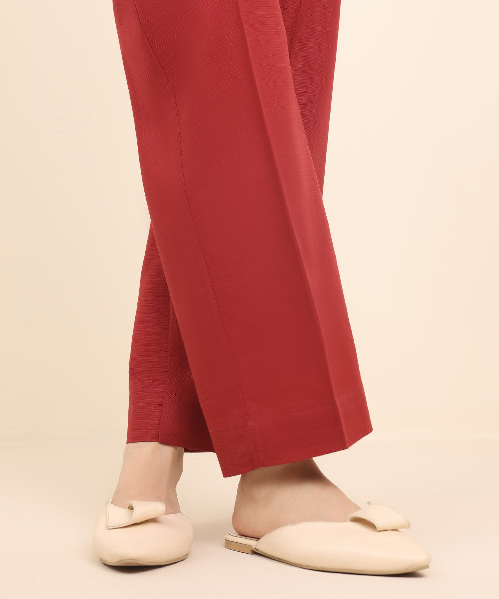 Women's Pret Khaddar Red Solid Straight Pants