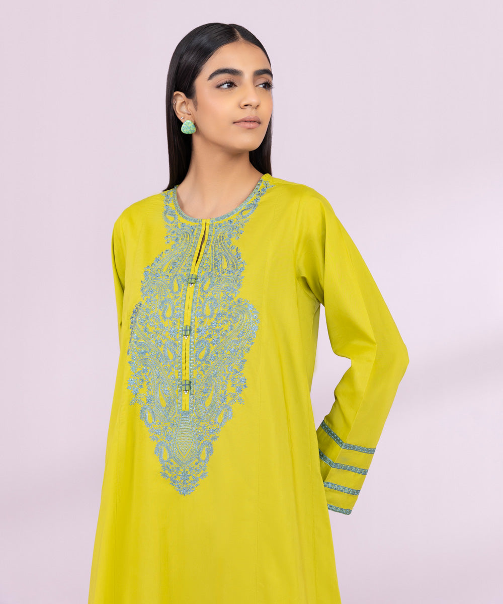 Women's Pret Cotton Embroidered Yellow A-Line Shirt