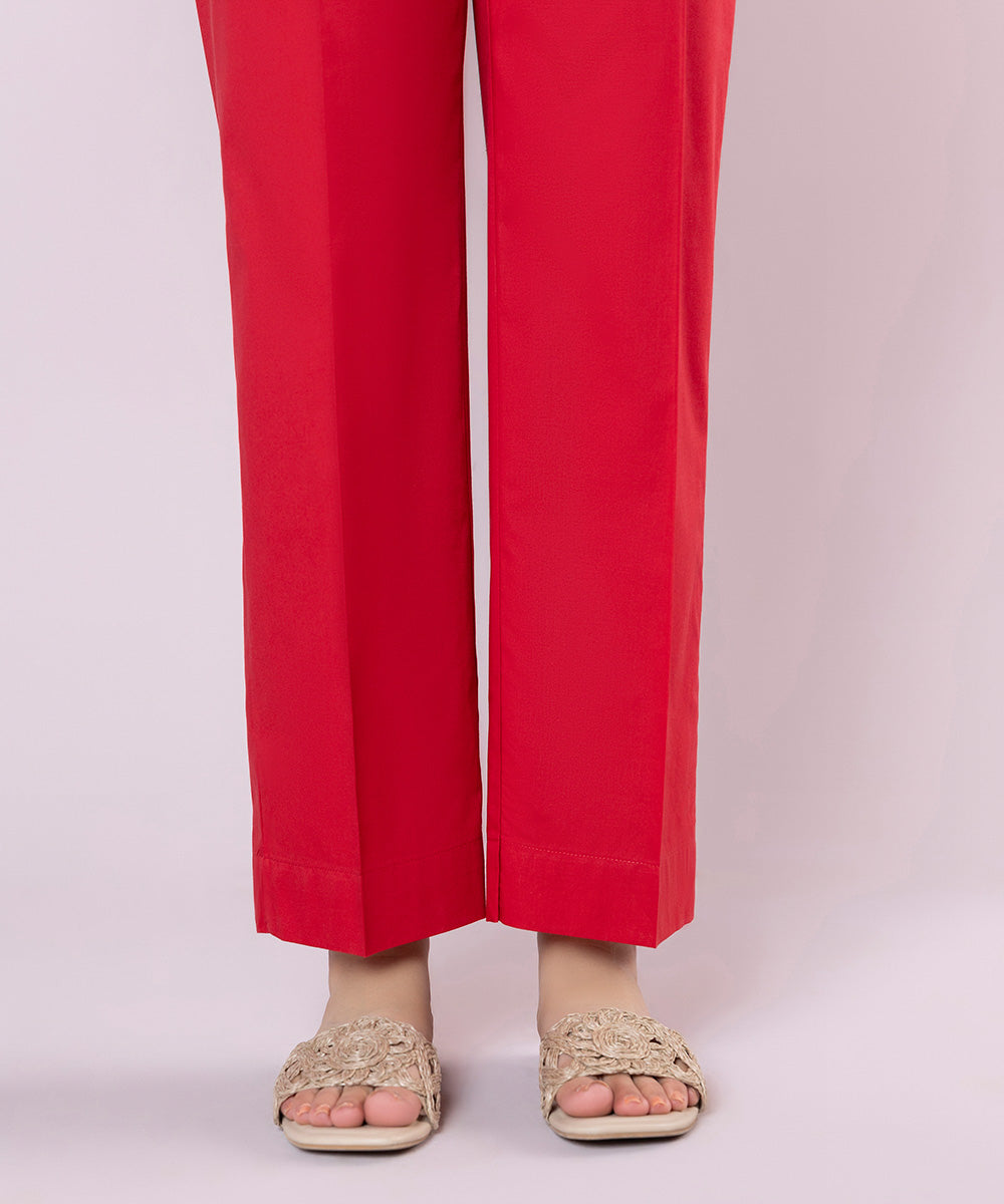 Women's Pret Cambric Solid Red Straight Pants