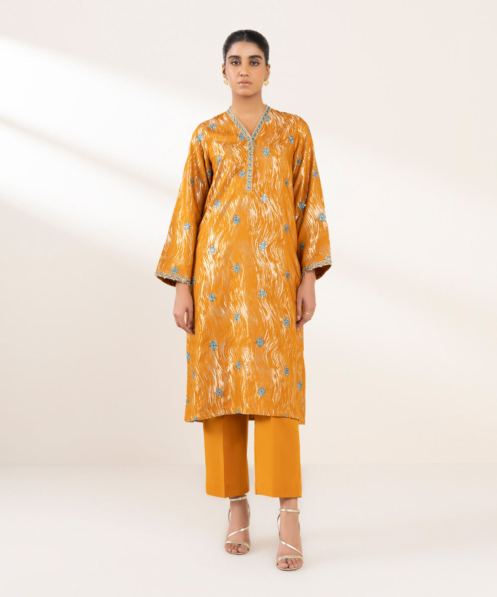 Women's Pret Extra Weft Jacquard Embroidered Orange A-Line Shirt