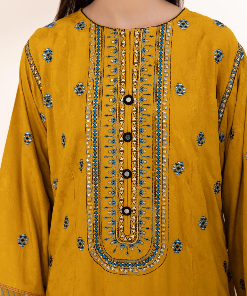 Women's Pret Linen Jacquard Embroidered Yellow Boxy Shirt