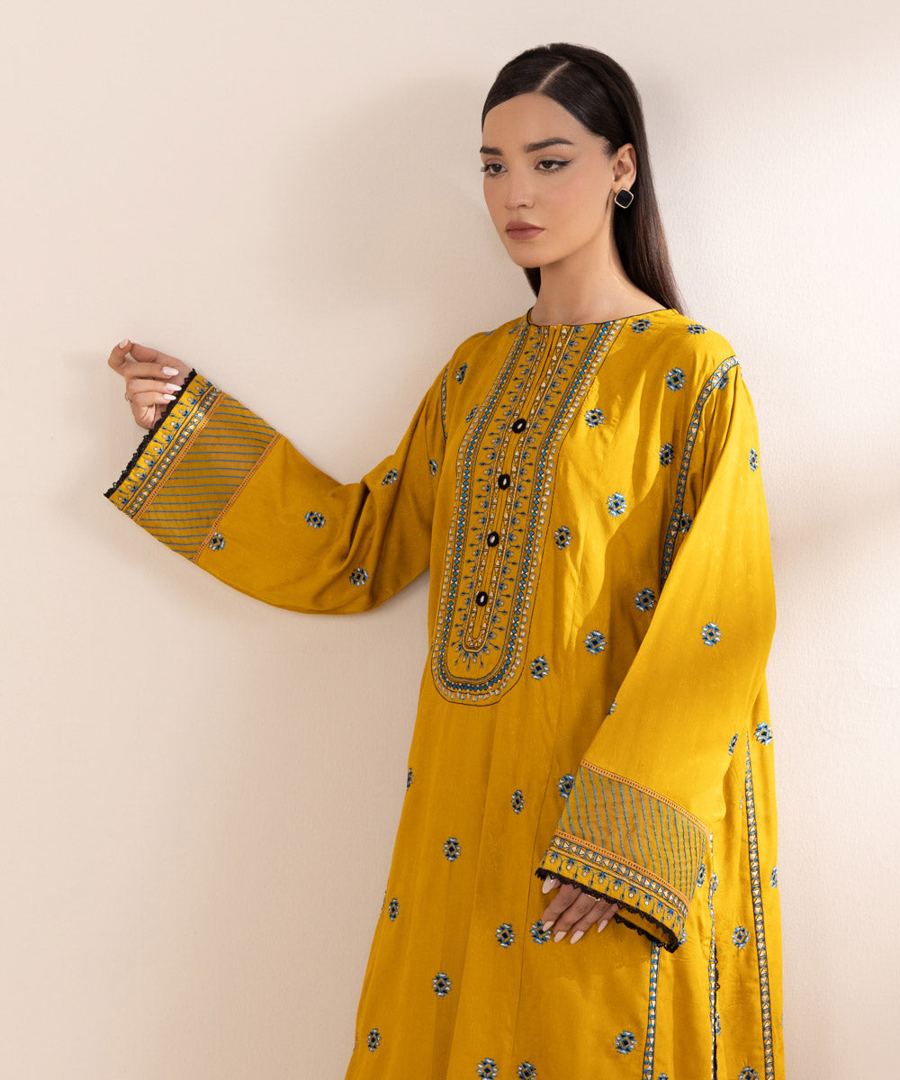 Women's Pret Linen Jacquard Embroidered Yellow Boxy Shirt