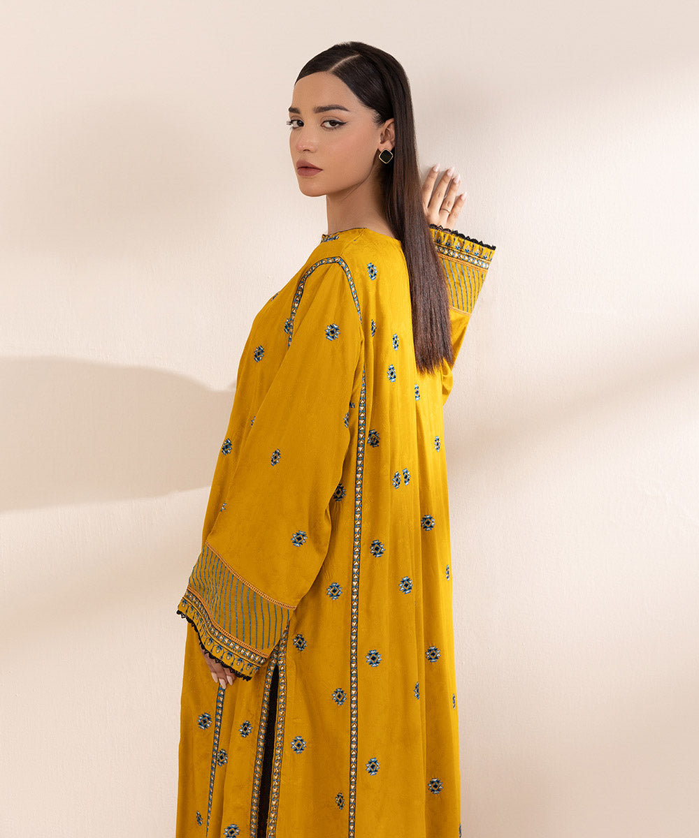 Women's Pret Linen Jacquard Embroidered Yellow Boxy Shirt