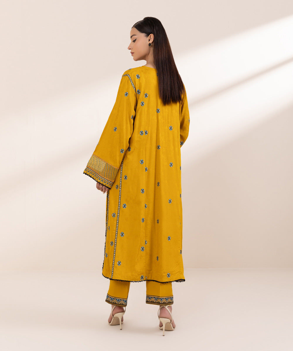 Women's Pret Linen Jacquard Embroidered Yellow Boxy Shirt