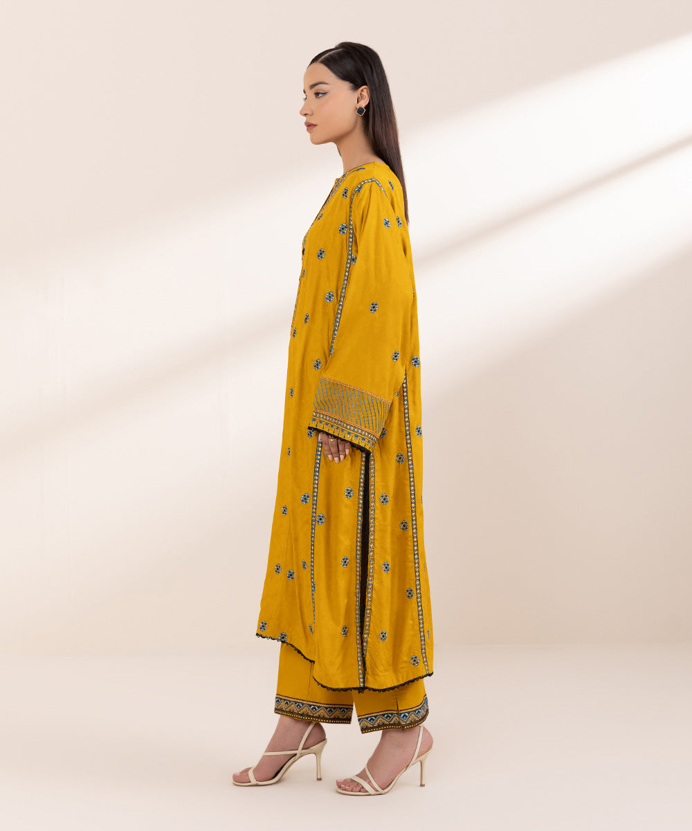 Women's Pret Linen Jacquard Embroidered Yellow Boxy Shirt