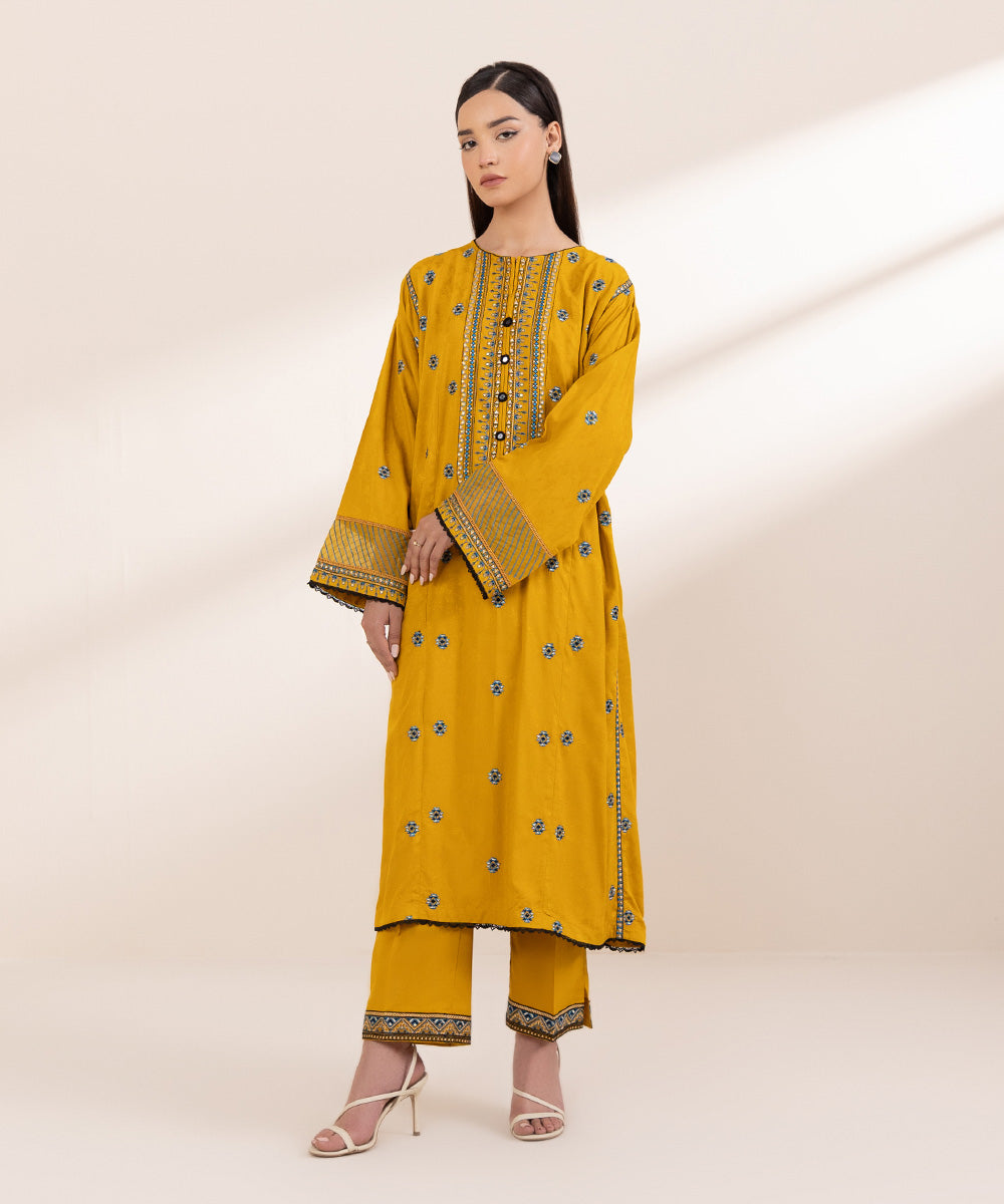 Women's Pret Linen Jacquard Embroidered Yellow Boxy Shirt