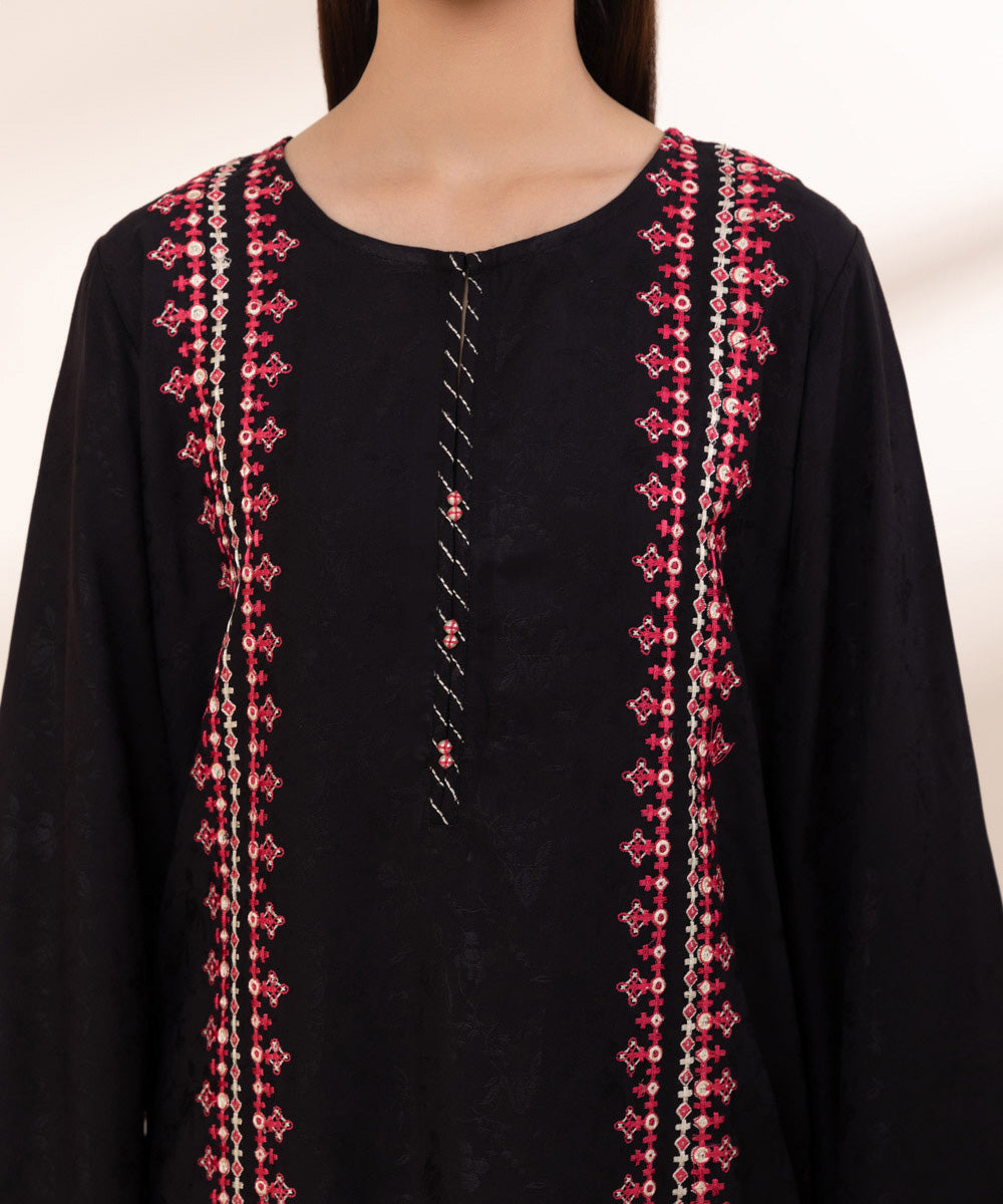 Women's Pret Linen Jacquard Embroidered Black A-line Shirt