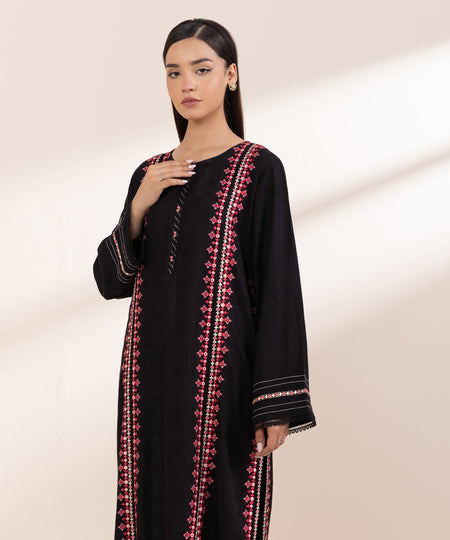 Women's Pret Linen Jacquard Embroidered Black A-line Shirt