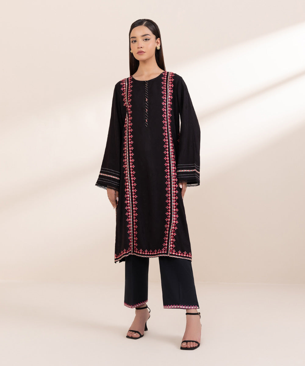 Women's Pret Linen Jacquard Embroidered Black A-line Shirt