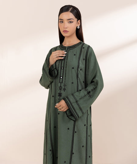 Women's Pret Linen Jacquard Embroidered Green A-line Shirt