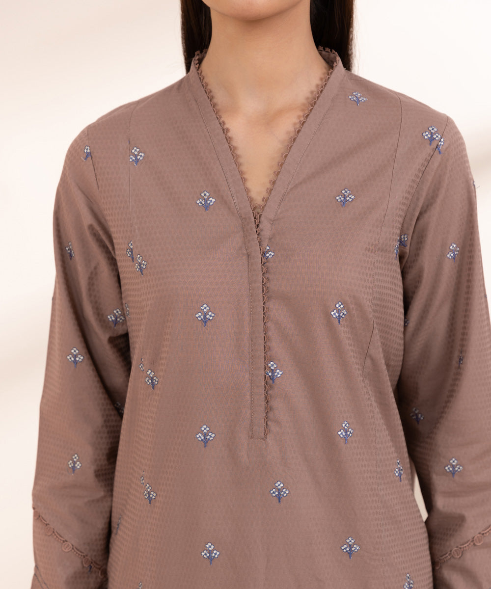 Women's Pret Dobby Embroidered Brown A-Line Shirt