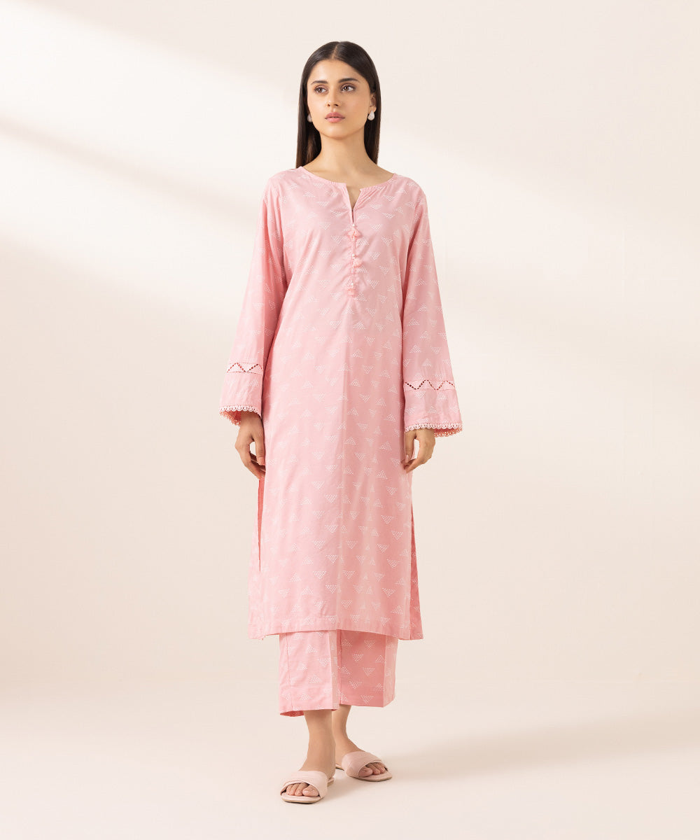 Women's Pret Cotton Viscose Printed Pink Straight Shirt