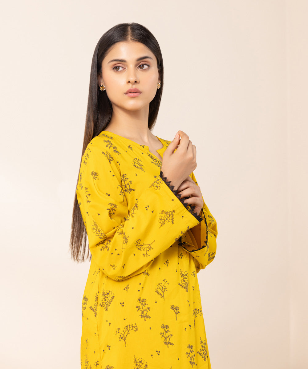 Women's Pret Cotton Viscose Printed Yellow Straight Shirt