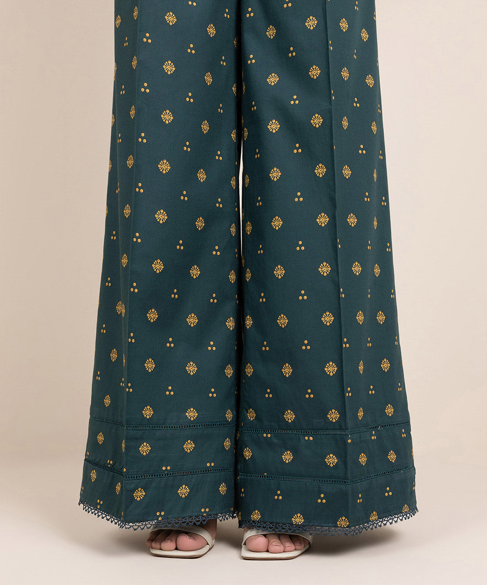 Women's Pret Cambric Printed Green Flared Pants