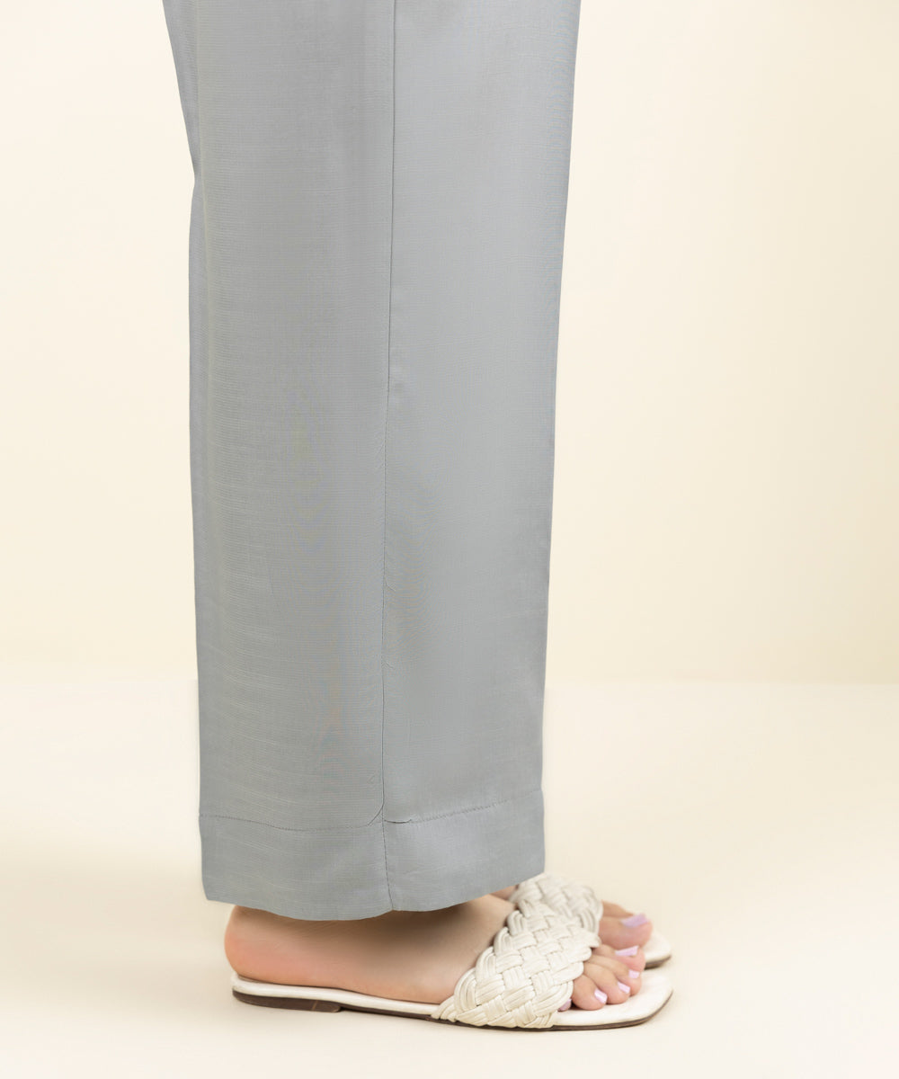 Women's Pret Viscose Raw Silk Solid Grey Straight Pants