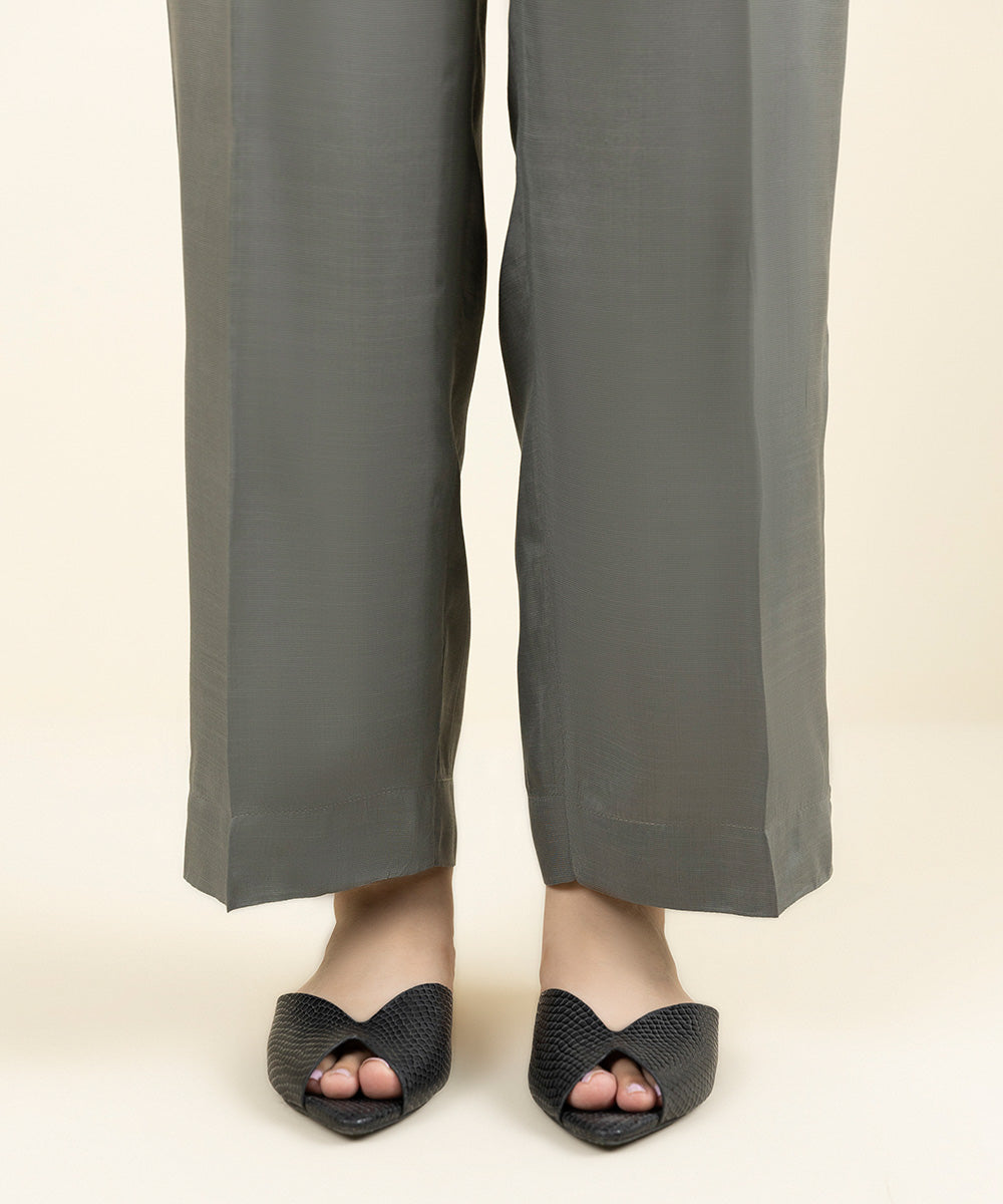 Women's Pret Viscose Raw Silk Solid Grey Straight Pants