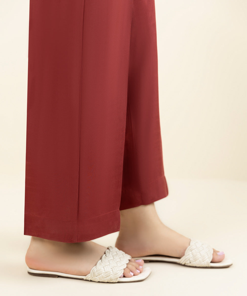 Women's Pret Viscose Raw Silk Solid Red Straight Pants