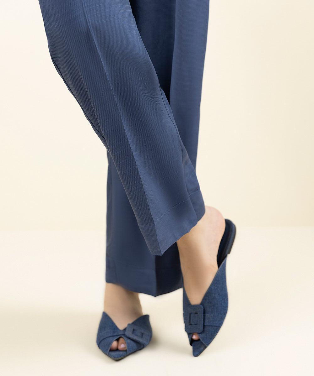 Women's Pret Viscose Raw Silk Solid Blue Straight Pants