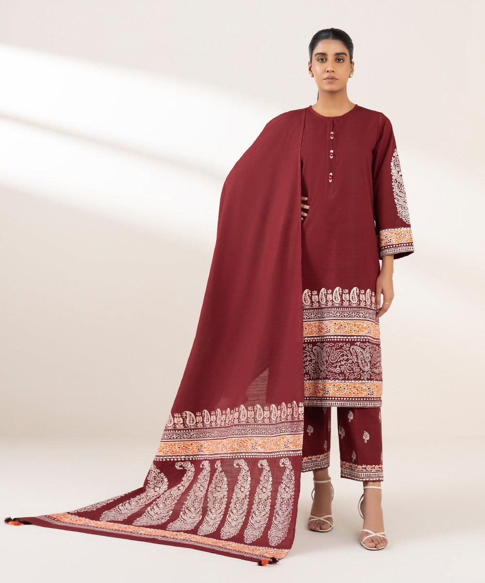 Women's Pret Khaddar Printed Red A-Line Shirt