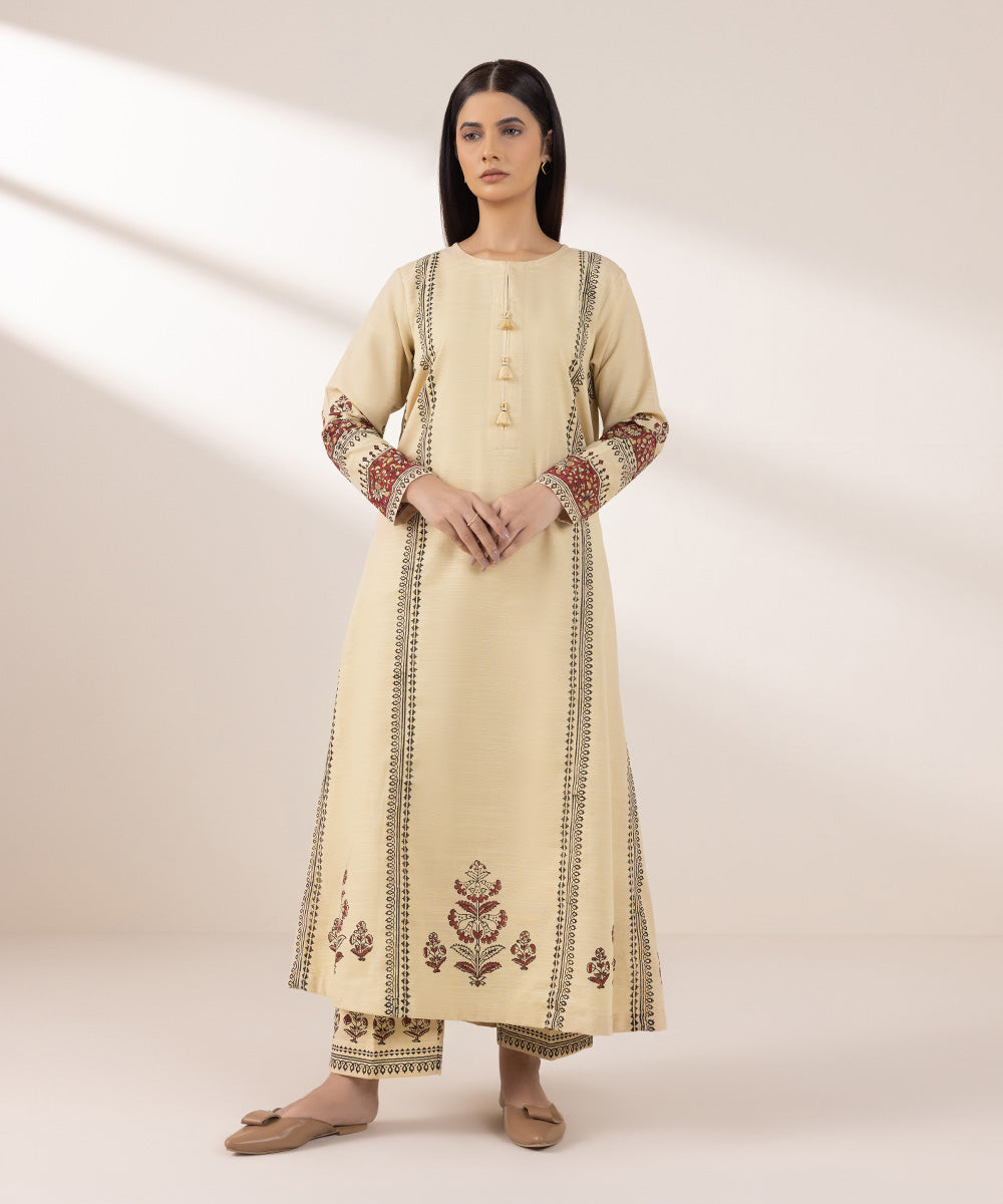 Women's Pret Khaddar Printed Beige A-Line Shirt