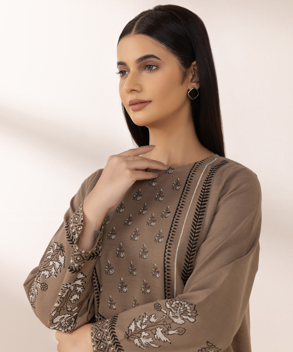 Women's Pret Khaddar Printed Brown A-Line Shirt