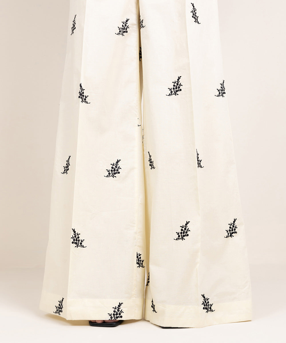 Women's Pret Cambric Embroidered Off White Flared Pants