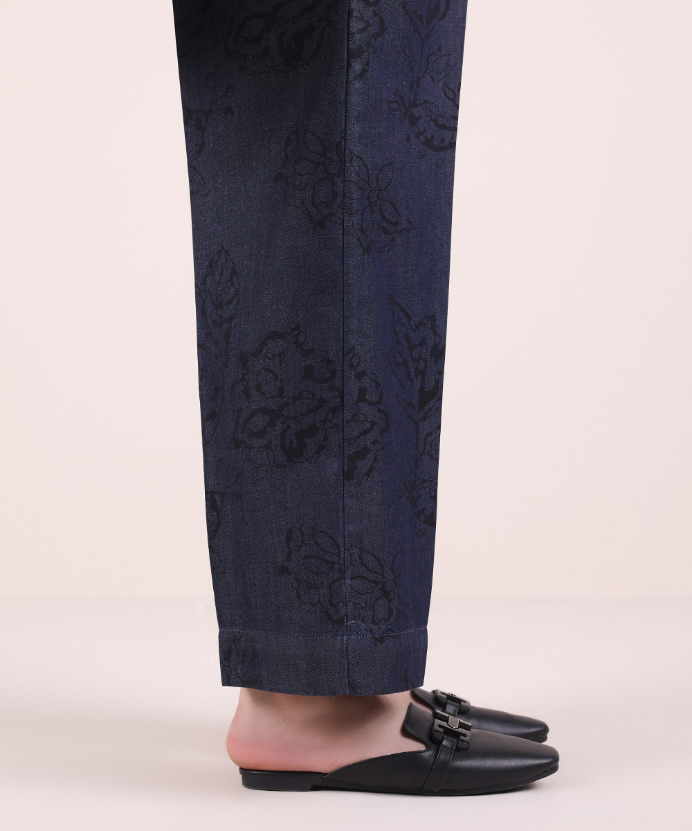 Women's Pret Denim Blue Printed Straight Pants