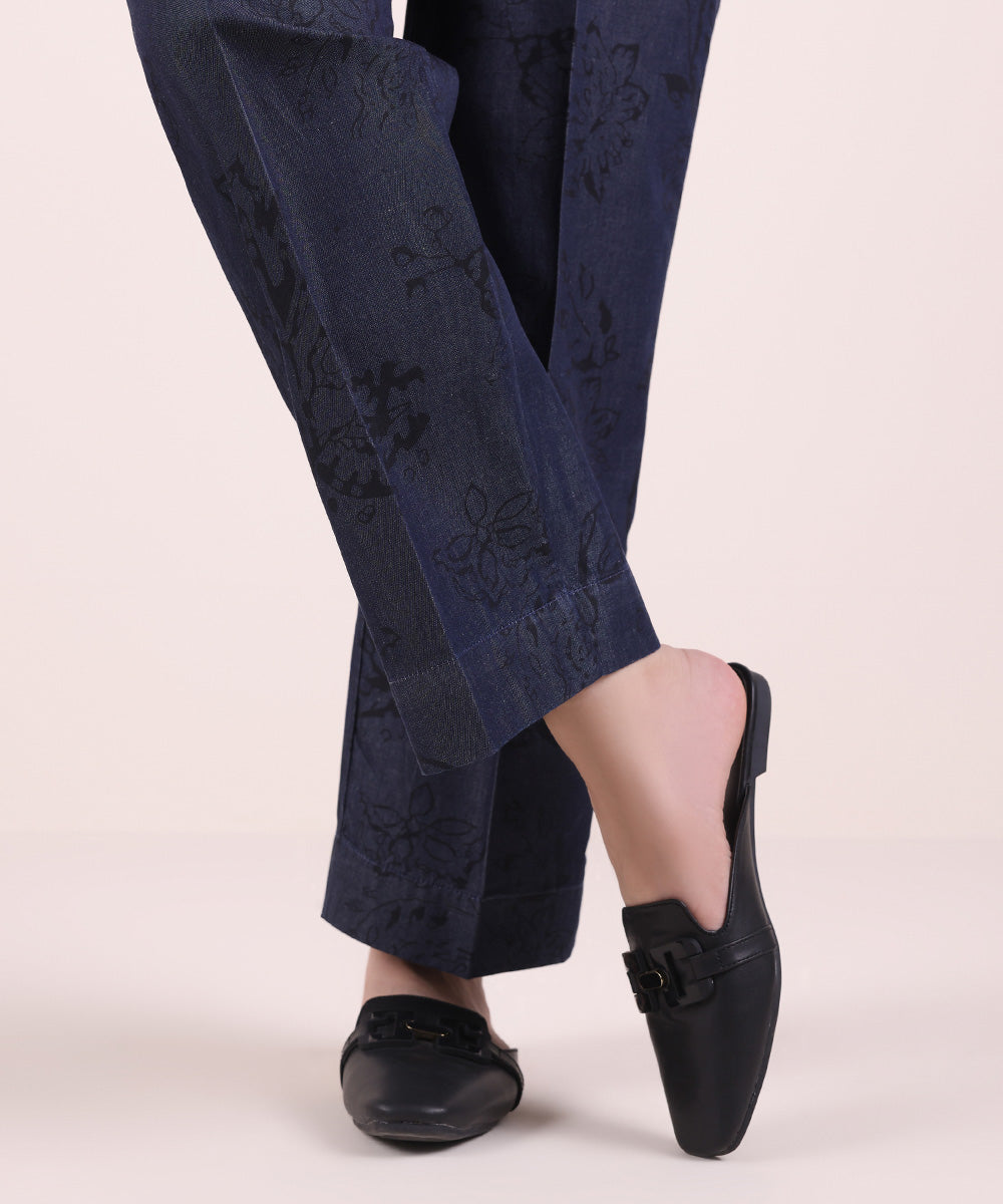 Women's Pret Denim Blue Printed Straight Pants