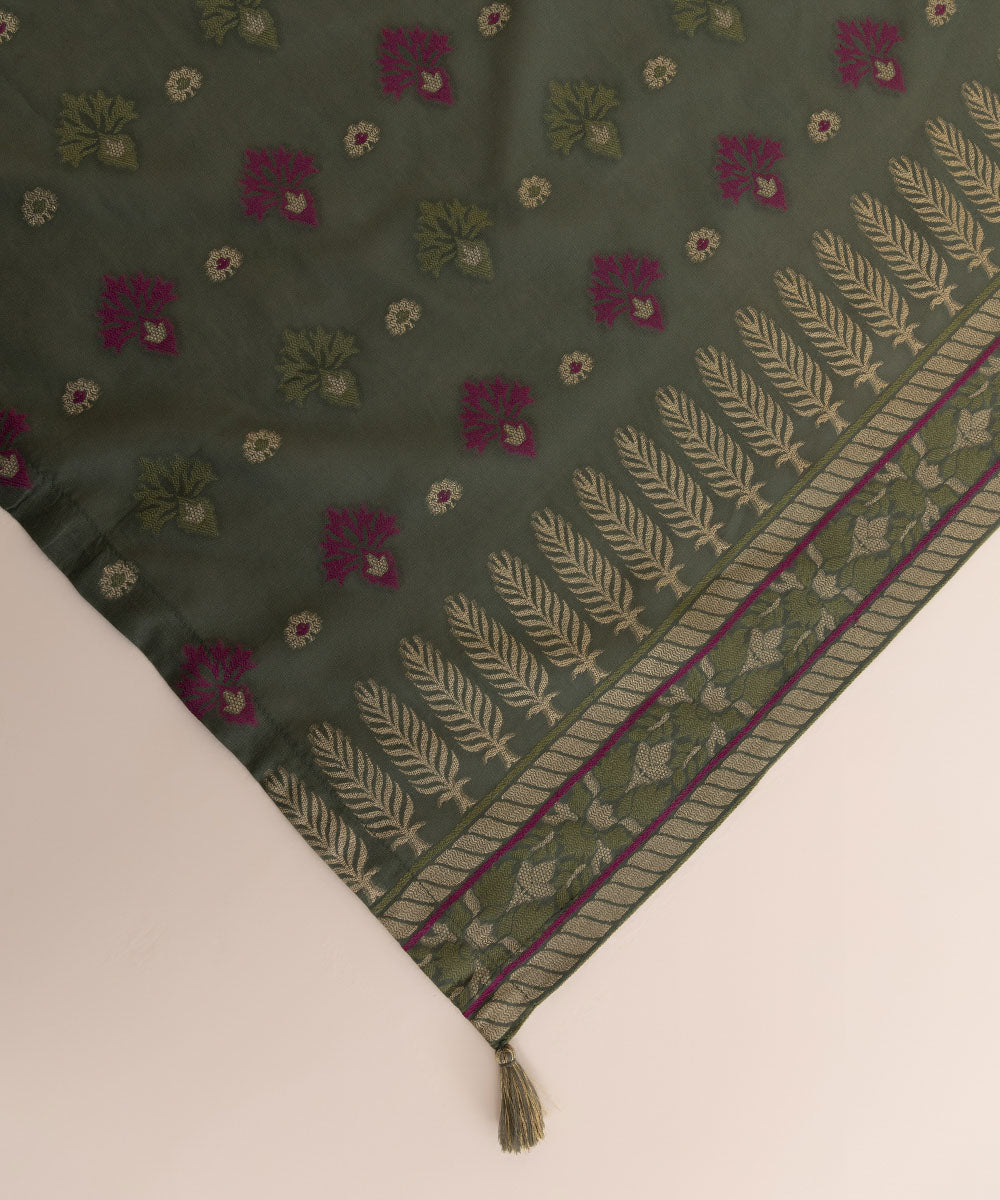 Extra Weft Jacquard Green Solid Dupatta