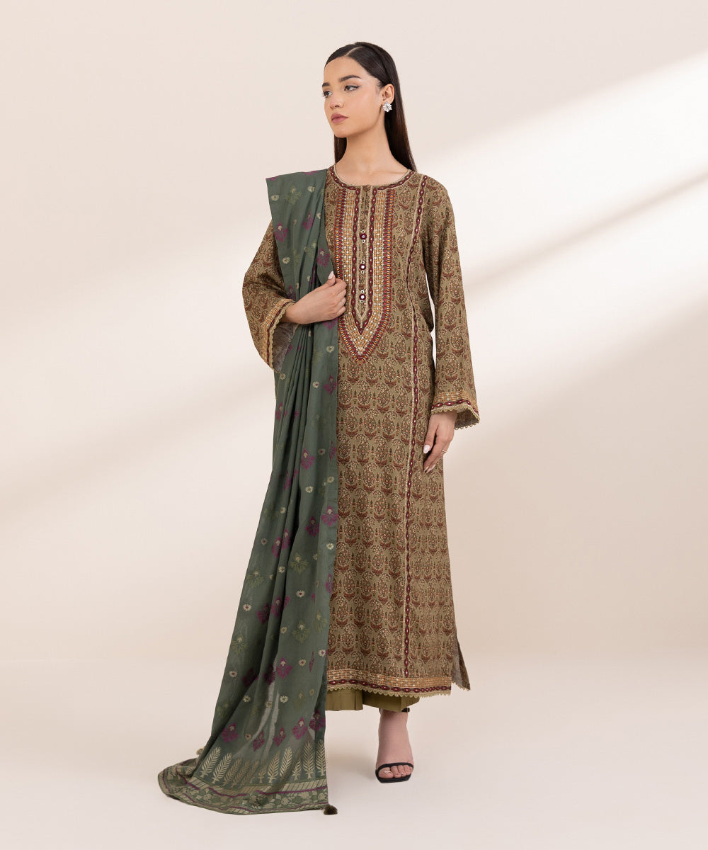 Extra Weft Jacquard Green Solid Dupatta