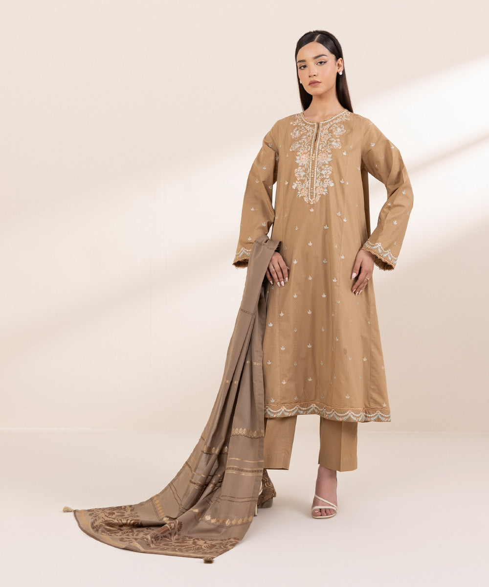 Extra Weft Jacquard Brown Solid Dupatta