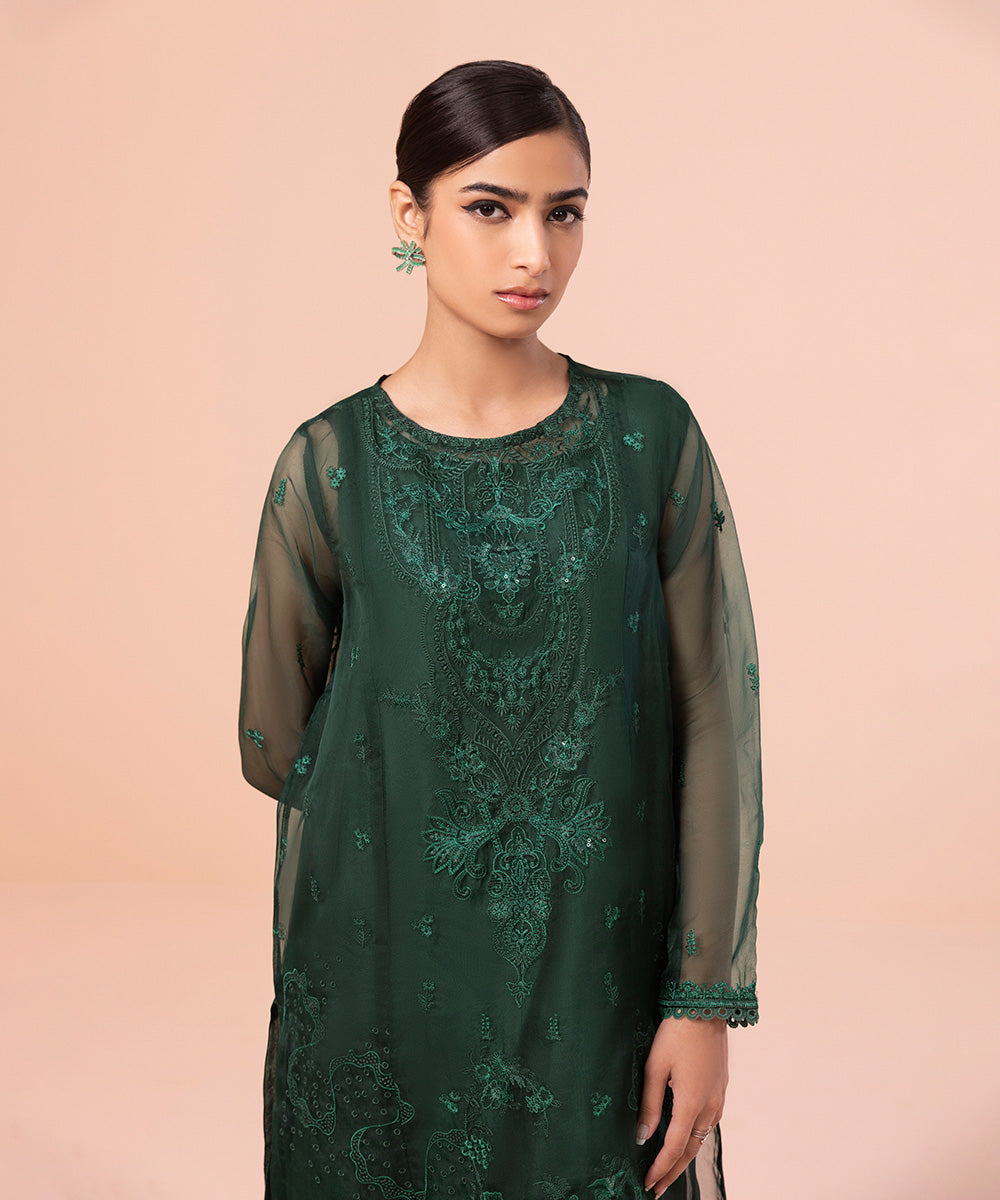 Women's Luxe Pret Organza Embroidered Green Shirt