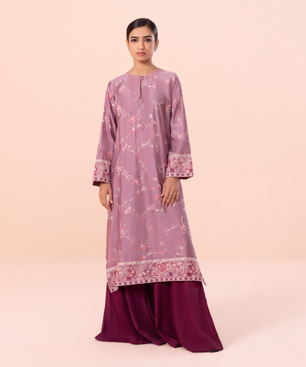 Women's Luxe Pret Silk Khaddi Net  Embroidered Pink Shirt